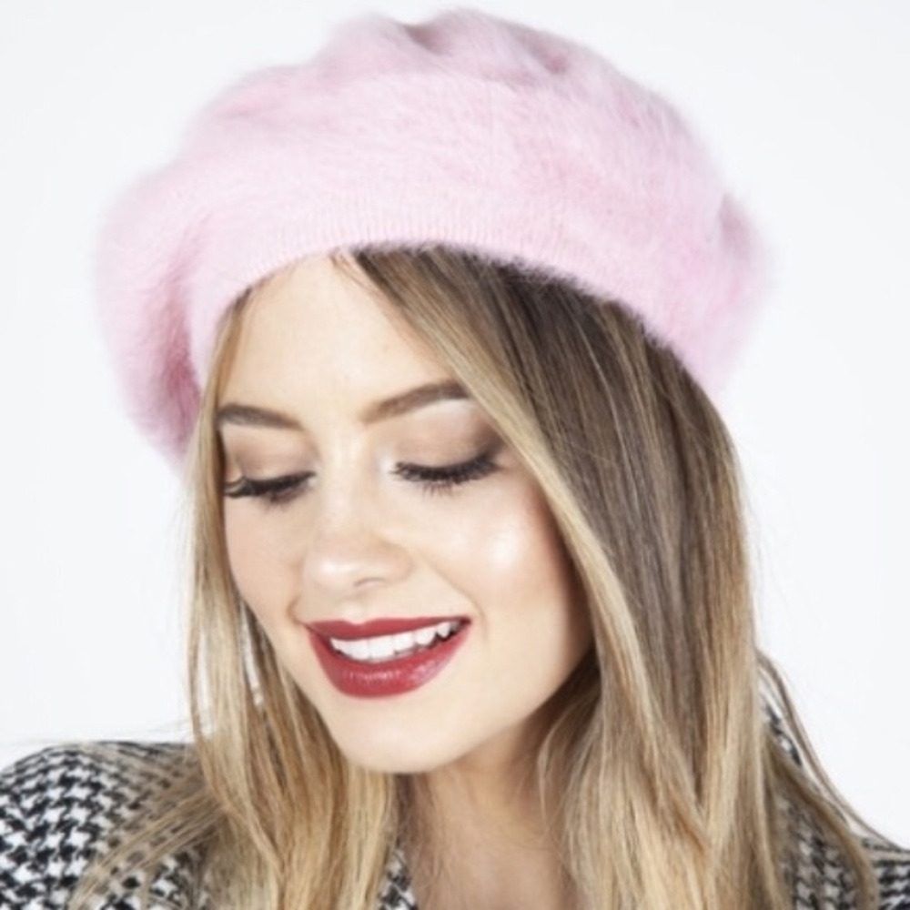 Pink Fuzzy Beret Hat - Women's Soft Winter Beret